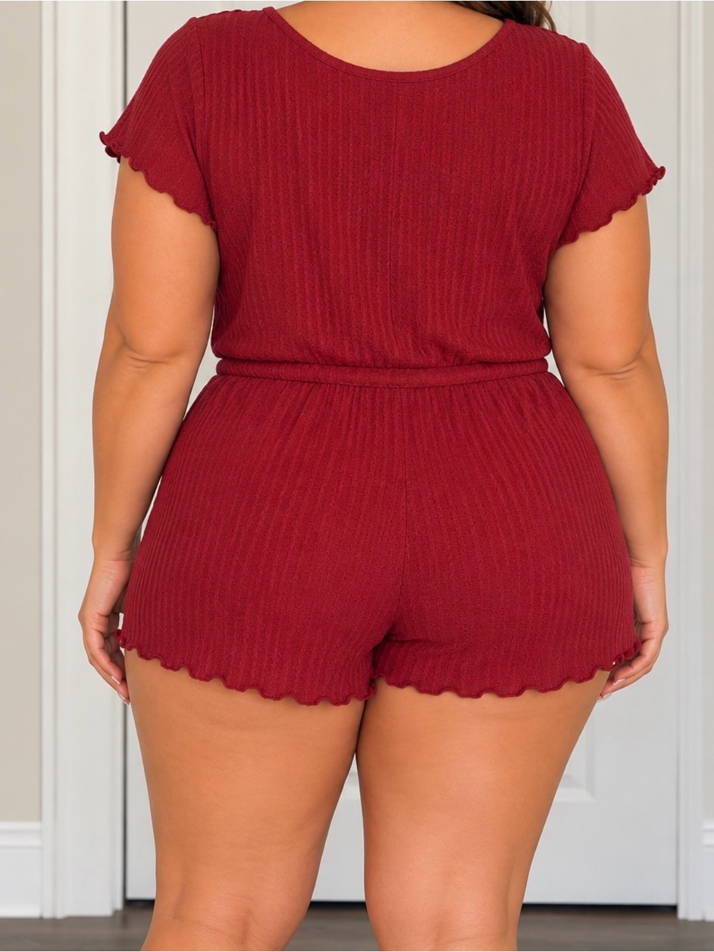 Wine Ribbed Short Sleeve Drawstring Romper - Picture 2 of 2